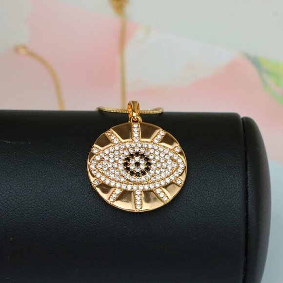"Round Evil Eye Rose Gold Pendant with CZ Crystals and Shine Finish, XPPT1519 - Picture 5 of 13